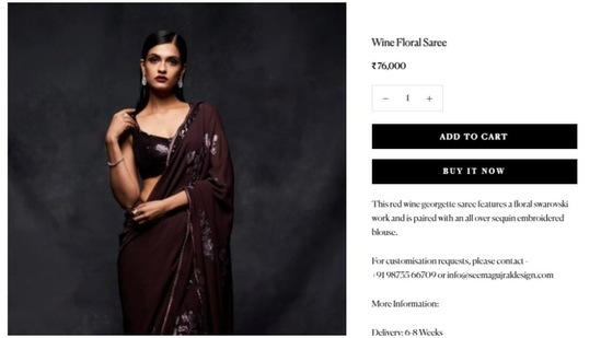 The saree is priced at ₹76000 in the designer's official website.(https://www.seemagujral.com/)