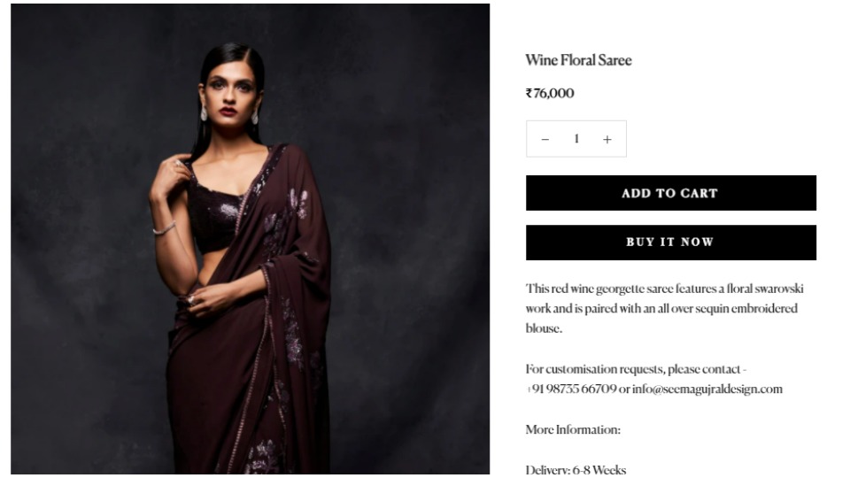 The saree is priced at  ₹76000 in the designer's official website. (https://www.seemagujral.com/)