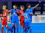Sharda Nand Tiwari celebrates the goal against Belgium in the FIH Men's Junior World Cup.(Hindustan Times)