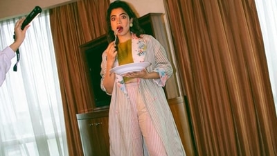 The coat is credited to Indian fashion designer Anavila Misra’s eponymous womenswear label that boasts of Indian ethos, meaningful and sustainable fashion, organic materials to make linens that are soft and comfortable on the body and disrupting the designs to create a completely modern, comfortable and desirable to wear ensembles. The coat originally costs <span class='webrupee'>₹</span>18,600 on the designer website. (Instagram/rashmika_mandanna) The coat is credited to Indian fashion designer Anavila Misra’s eponymous womenswear label that boasts of Indian ethos, meaningful and sustainable fashion, organic materials to make linens that are soft and comfortable on the body and disrupting the designs to create a completely modern, comfortable and desirable to wear ensembles. The coat originally costs <span class='webrupee'>₹</span>18,600 on the designer website. (Instagram/rashmika_mandanna)