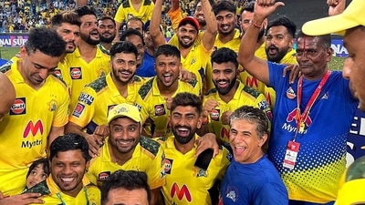 Chennai Super Kings (CSK) team members celebrate lifting their 4th IPL trophy after beating Kolkata Knight Riders (KKR) by 27 runs in the IPL 2021 final, at the Dubai International Stadium, in Dubai on Friday. (ANI ) Chennai Super Kings (CSK) team members celebrate lifting their 4th IPL trophy after beating Kolkata Knight Riders (KKR) by 27 runs in the IPL 2021 final, at the Dubai International Stadium, in Dubai on Friday. (ANI )
