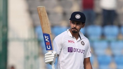 India's Shreyas Iyer celebrates his half-century on Day-4 of the 1st Test match between India and New Zealand, at Green Park International Stadium, in Kanpur on Sunday. (ANI ) India's Shreyas Iyer celebrates his half-century on Day-4 of the 1st Test match between India and New Zealand, at Green Park International Stadium, in Kanpur on Sunday. (ANI )