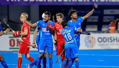 Sharda Nand Tiwari celebrates the goal against Belgium in the FIH Men's Junior World Cup. (Hindustan Times)