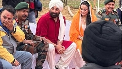 Ameesha Patel and Sunny Deol in a photo from Gadar 2's muhurat shot. Ameesha Patel and Sunny Deol in a photo from Gadar 2's muhurat shot.