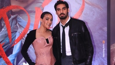 Tania Shroff and Ahan Shetty struck several poses together at the screening. (Varinder Chawla) Tania Shroff and Ahan Shetty struck several poses together at the screening. (Varinder Chawla)