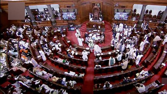 Rajya Sabha adjourned following the continuous ruckus by Opposition MPs on suspension of members during the winter session of Parliament, in New Delhi, on Wednesday. (ANI)
