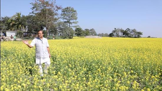 Assam Chief Minister Himanta Biswa Sarma inspecting a mustard field at Gorukhuti in Darrang district on Wednesday. (PHOTO: DIPR) Assam Chief Minister Himanta Biswa Sarma inspecting a mustard field at Gorukhuti in Darrang district on Wednesday. (PHOTO: DIPR)