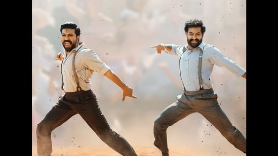 Ram Charan (left) and Jr NTR (right) dancing to Naatu Naatu in the Telugu movie RRR.&nbsp;(instagram/@alwaysramcharan)