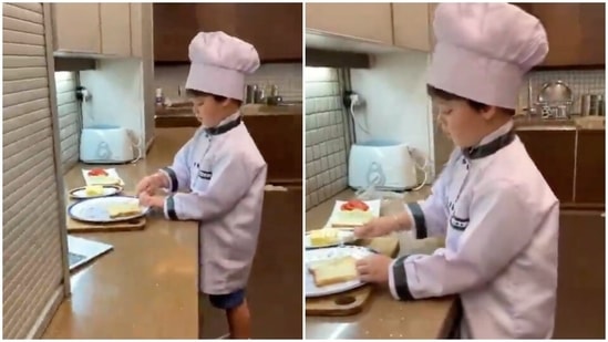 Yash Johar making sandwiches in the kitchen.