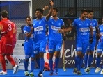 Indian Players celebrate after scoring goal against Belgium during the FIH Men's Junior Hockey World Cup 2021 quarter final match between India and Belgium, at Kalinga Stadium in Bhubaneswar on Wednesday.(ANI) Indian Players celebrate after scoring goal against Belgium during the FIH Men's Junior Hockey World Cup 2021 quarter final match between India and Belgium, at Kalinga Stadium in Bhubaneswar on Wednesday.(ANI)