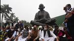 Opposition leaders including Congress MP Rahul Gandhi protested near the Mahatma Gandhi statue demanding the government revoke the suspension of 12 Rajya Sabha members at Parliament in New Delhi. (HT Photo/Arvind Yadav) Opposition leaders including Congress MP Rahul Gandhi protested near the Mahatma Gandhi statue demanding the government revoke the suspension of 12 Rajya Sabha members at Parliament in New Delhi. (HT Photo/Arvind Yadav)