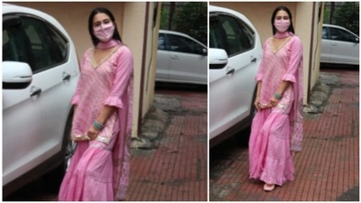 Sara Ali Khan stepped out looking fresh as a daisy in a pink sequins sharara set. (HT Photo/Varinder Chawla)