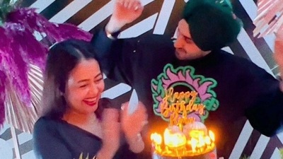 Neha Kakkar and Rohanpreet Singh wore matching black outfits at the party. Neha Kakkar and Rohanpreet Singh wore matching black outfits at the party.