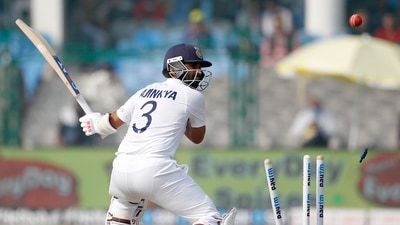 India's skipper Ajinkya Rahane bowled by New Zealand's Kyle Jamieson during the Day-1 of the 1st Test match between India and New Zealand, at Green Park International Stadium, in Kanpur on Thursday. (ANI ) India's skipper Ajinkya Rahane bowled by New Zealand's Kyle Jamieson during the Day-1 of the 1st Test match between India and New Zealand, at Green Park International Stadium, in Kanpur on Thursday. (ANI )