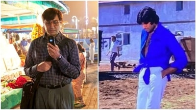Abhishek Bachchan in Bob Biswas and Amitabh Bachchan in Deewaar. Abhishek Bachchan in Bob Biswas and Amitabh Bachchan in Deewaar.