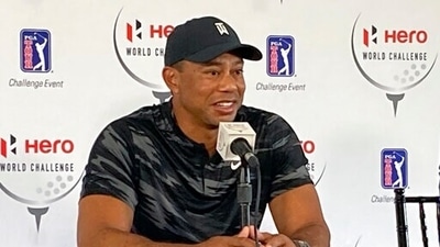 Tiger Woods holds his first press conference since his Feb. 23 car crash in Los Angeles at the Hero World Challenge golf tournament in Nassau, Bahamas, Tuesday, Nov. 30, 2021. (AP) Tiger Woods holds his first press conference since his Feb. 23 car crash in Los Angeles at the Hero World Challenge golf tournament in Nassau, Bahamas, Tuesday, Nov. 30, 2021. (AP)