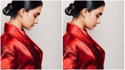 Styled by Who Wore What When and makeup artists Shruti and Yashaswini, Amruta opted for a minimal makeup look. In bronze eyeshadow, mascara-laden eyelashes, black eyeliner, black kohl, drawn eyebrows, contoured cheeks and a shade of nude lipstick, Amruta slayed her look. (Instagram/@amrutasubhash)
