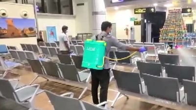 Sanitisation work going on at Tiruchirappalli International Airport. (ANI Photo)