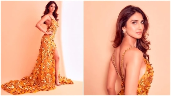 In a recent promotional event, the gorgeous Vaani Kapoor made an appearance in a stunning strappy mustard yellow thigh-high slit gown with metallic flowers all over the attire.(Instagram/@_vaanikapoor_)