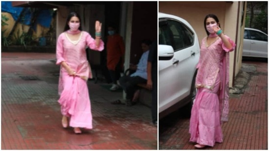 Sara Ali Khan's outfit features silver sequins, a plunging neckline and ruffled sleeves.(HT Photo/Varinder Chawla)