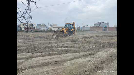 An illegal under-construction colony being razed in Ladian Kalan, Ludhiana, on Thursday. (HT Photo)