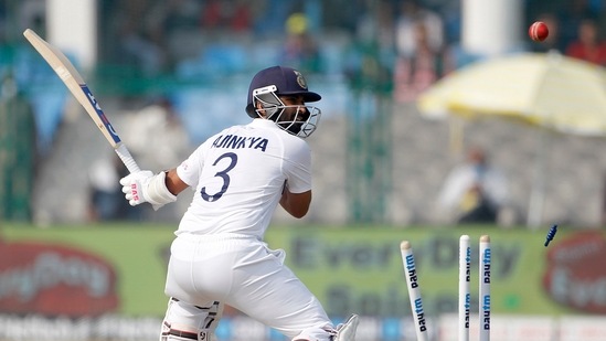 India's skipper Ajinkya Rahane bowled by New Zealand's Kyle Jamieson during the Day-1 of the 1st Test match between India and New Zealand, at Green Park International Stadium, in Kanpur on Thursday.(ANI )