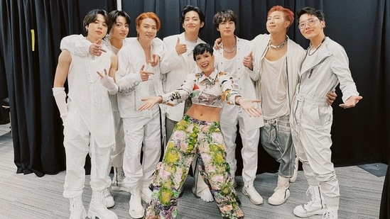 BTS shared a picture on Twitter with Halsey at their Los Angeles concert and wrote, "Welcome !!! @halsey." (Twitter/@BTS_twt)