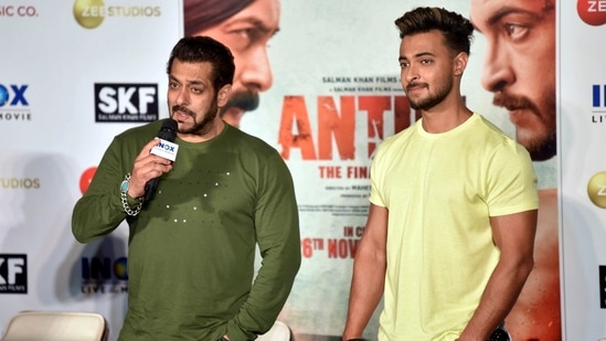 Salman Khan and Aayush Sharma during a promotional event for Antim: The Final Truth.(PTI)