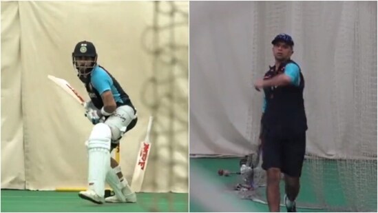 Virat Kohli (L) and Rahul Dravid during an indoor practice session ahead of the Mumbai Test.(Twitter/BCCI)