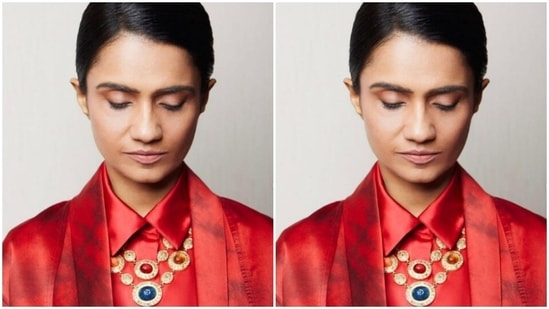 Amruta played muse to the fashion designer house Aroka and picked a stunning satin ensemble from their wardrobe.(Instagram/@amrutasubhash)