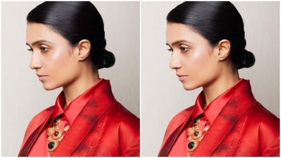 She added more boss vibes to her look with a red satin blazer.(Instagram/@amrutasubhash)