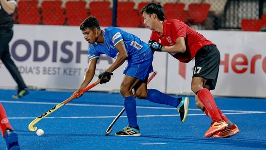 Sudeep Chirmako in action during the FIH Junior Hockey World Cup.(Hindustan Times)
