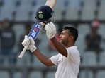 India's Mayank Agarwal celebrates his century during the first day of the 2nd Test match between India and New Zealand, at Wankhede Stadium, in Mumbai on Friday. India's Mayank Agarwal celebrates his century during the first day of the 2nd Test match between India and New Zealand, at Wankhede Stadium, in Mumbai on Friday.
