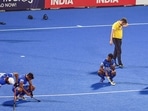 Bhubaneswar: Indian players react after losing the semifinal match against Germany during FIH Odisha Hockey Men's Junior World cup 2021, at Kalinga Stadium in Bhubaneswar.(PTI) Bhubaneswar: Indian players react after losing the semifinal match against Germany during FIH Odisha Hockey Men's Junior World cup 2021, at Kalinga Stadium in Bhubaneswar.(PTI)