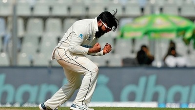 Mumbai, Dec 03 (ANI): New Zealand's Ajaz Patel celebrates wicket of India's Shreyas Iyer on the first day of the 2nd Test match between India and New Zealand, at Wankhede Stadium, in Mumbai on Friday. (ANI Photo) (ANI)