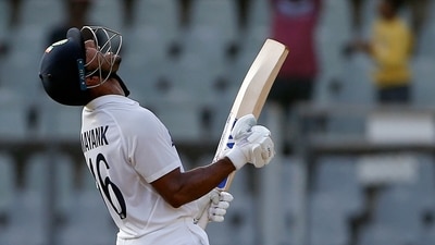Mumbai, Dec 03 (ANI): India's Mayank Agarwal celebrates his century during the first day of the 2nd Test match between India and New Zealand, at Wankhede Stadium, in Mumbai on Friday. (ANI Photo) (ANI)