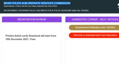 Bihar Police SI and sergeant prelims admit card 2021: Candidates, who have successfully applied for this examination, will be able to download the prelims admit card from December 10 at 11am. (apply-bpssc.com)