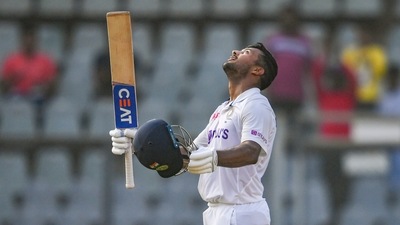 Mumbai: Indian batter Mayank Agarwal celebrates his century on the first day of 2nd Test match played between India and New Zealand at Wankhede stadium, in Mumbai, Friday, Dec. 3, 2021. (PTI) Mumbai: Indian batter Mayank Agarwal celebrates his century on the first day of 2nd Test match played between India and New Zealand at Wankhede stadium, in Mumbai, Friday, Dec. 3, 2021. (PTI)