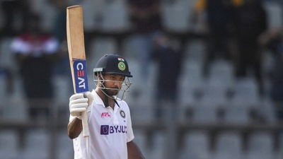 Indian batter Mayank Agarwal celebrates his century on the first day of 2nd Test match played between India and New Zealand at Wankhede stadium, in Mumbai. (PTI) Indian batter Mayank Agarwal celebrates his century on the first day of 2nd Test match played between India and New Zealand at Wankhede stadium, in Mumbai. (PTI)