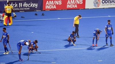 Bhubaneswar: Indian players react after losing the semifinal match against Germany during FIH Odisha Hockey Men's Junior World cup 2021, at Kalinga Stadium in Bhubaneswar. (PTI) Bhubaneswar: Indian players react after losing the semifinal match against Germany during FIH Odisha Hockey Men's Junior World cup 2021, at Kalinga Stadium in Bhubaneswar. (PTI)