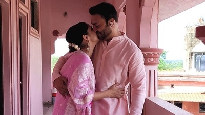 Ankita Lokhande and Vicky Jain in matching outfits. Ankita Lokhande and Vicky Jain in matching outfits.