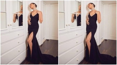 Tara decked up in a sleeveless black gown with a thigh-high slit. (Instagram/@tarasutaria)