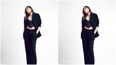 Athiya played muse to Polite Society and picked a black bralette and a pair of black trousers with wide legs. (Instagram/@chandiniw)