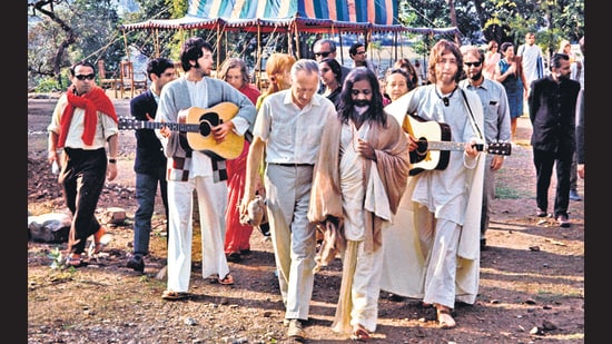 Paul McCartney and George Harrison with Maharishi Mahesh Yogi in Rishikesh in 1968. The ‘biggest band in the world’ did want to give bliss a chance, but their interest in spirituality was short-lived. (Colin Harrison Avico Ltd)
