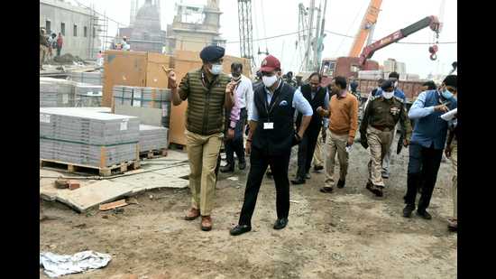 Standing Security Committee members inspecting Kashi Vishwanath Corridor. (HT PHOTO)