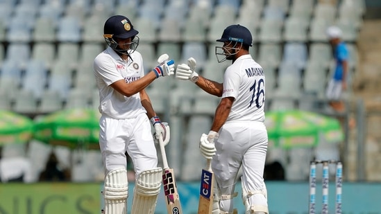 India's Mayank Agarwal and Shubman Gill during the first day of the 2nd Test match between India and New Zealand, at Wankhede Stadium, in Mumbai on Friday.(ANI) India's Mayank Agarwal and Shubman Gill during the first day of the 2nd Test match between India and New Zealand, at Wankhede Stadium, in Mumbai on Friday.(ANI)