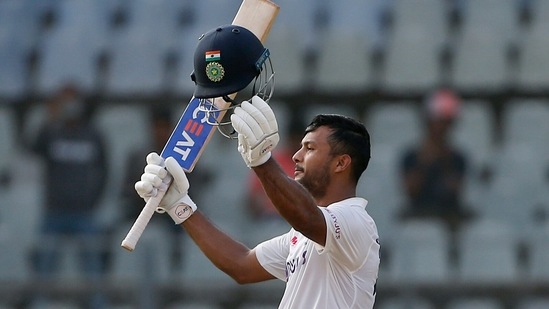 India's Mayank Agarwal celebrates his century during the first day of the 2nd Test match between India and New Zealand, at Wankhede Stadium, in Mumbai on Friday.(ANI) India's Mayank Agarwal celebrates his century during the first day of the 2nd Test match between India and New Zealand, at Wankhede Stadium, in Mumbai on Friday.(ANI)