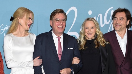 Actor Nicole Kidman, writer-director Aaron Sorkin, Amazon Studios head Jen Salke and actor Javier Bardem pose together at the premiere of Being The Ricardos at Jazz at Lincoln Center on Thursday,&nbsp;(AP)