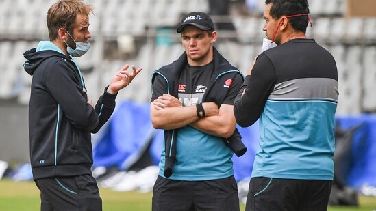 New Zealand team captain Kane Williamson along with Ross Taylor inspects the ground ahead of the 2nd test match between India and New Zealand at Wankhede stadium, in Mumbai, Thursday, Dec. 2, 2021.(PTI)