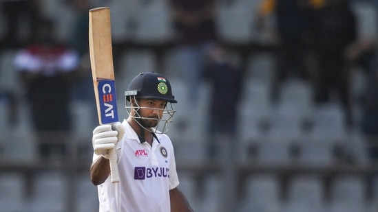 Indian batter Mayank Agarwal celebrates his century on the first day of 2nd Test match played between India and New Zealand at Wankhede stadium, in Mumbai.(PTI) Indian batter Mayank Agarwal celebrates his century on the first day of 2nd Test match played between India and New Zealand at Wankhede stadium, in Mumbai.(PTI)